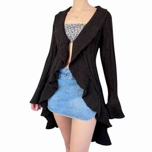 Vintage Y2K Ruffle Drape Cardigan Bell Sleeve Boho Brittany Black Size L
